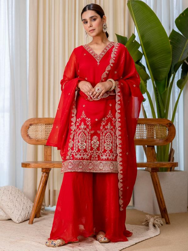 VP 9820 P Women’s Zari Embroidered Straight Kurta Plazzo with Dupatta Set